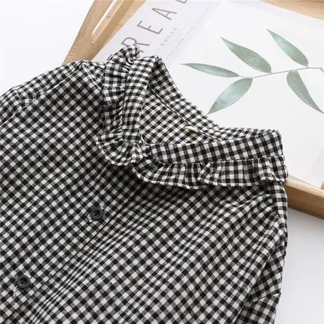 春装新黑白格子衬衫女长袖花边娃娃领韩版宽松休闲衬衣学院风上衣商品大图