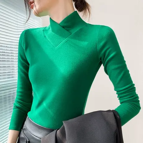 半高交叉领长袖磨毛T恤女2023秋冬新款西装内搭保暖修身显瘦上衣商品大图