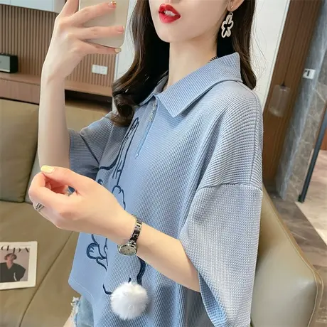 小众设计感短袖t恤女夏韩版宽松小个子短款华夫格半袖翻领上衣服图片