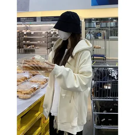 慵懒风休闲连帽开衫女oversize大码秋冬加绒卫衣ins韩系复古外套图片