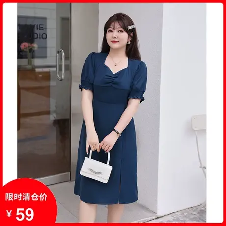 2023年夏装新款法式气质收腰妹妹显瘦胖MM大码A字长裙开衩连衣裙图片