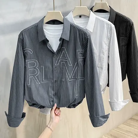 男士长袖衬衫春秋2023新款韩版修身潮流条纹衬衣男生夏季休闲外套商品大图