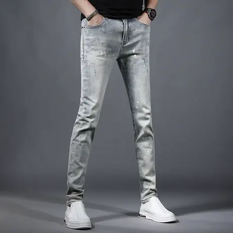 2023新款怀旧复古蓝男士牛仔裤春季修身小脚泼墨潮流休闲男装裤子商品大图