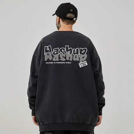 oversize港风圆领卫衣男潮牌重磅大码男装春秋季加绒复古做旧冬季商品大图