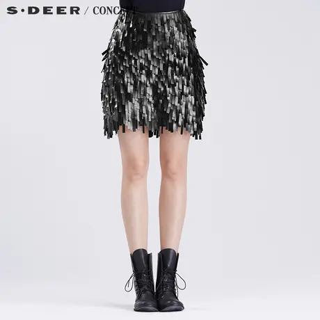 sdeer圣迪奥2018秋季女流动感纯黑仿皮布条拼贴短裙S16381366图片