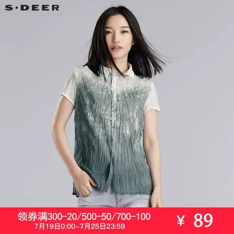 sdeer圣迪奥女装夏装清冷色调氤氲印花清透褶皱短袖衬衫S16280434图片
