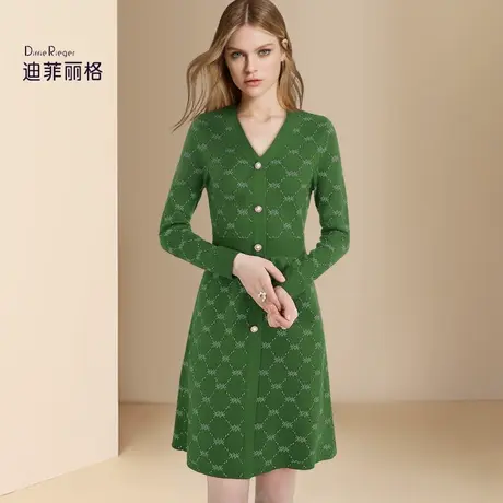 迪菲丽格气质减龄V领毛衣裙子女2024春季新款显瘦打底针织连衣裙图片
