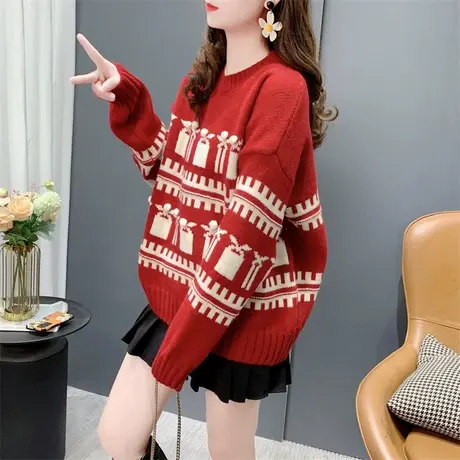 设计感手工球球新年红色圆领毛衣女秋冬2023新款宽松洋气减龄上衣商品大图