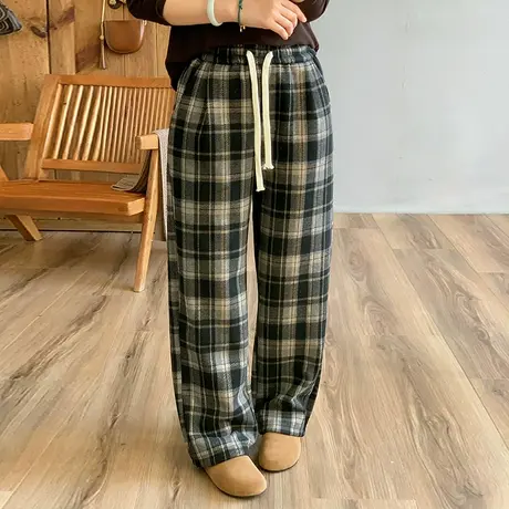dza 高腰显瘦毛呢格子复合奥粒绒休闲裤子女冬加厚外穿长裤哈伦裤商品大图