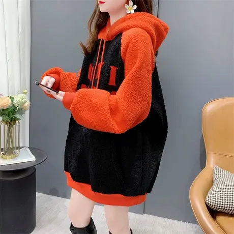 中长款撞色加绒加厚羊羔毛卫衣女秋冬2023新款宽松慵懒风外套上衣商品大图