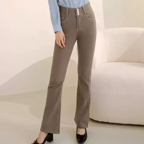 桔熊秋冬休闲长裤子女温暖薄绒弹性修身高腰微喇叭裤大码BA6855商品大图