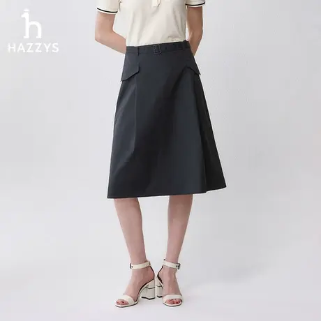 Hazzys哈吉斯简约A型过膝腰带半身裙女士通勤春季英伦风休闲短裙图片