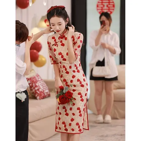中式旗袍敬酒服新娘小个子订婚改良年轻款高级礼服女夏季日常便装商品大图