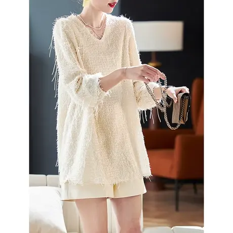 宝诗黎V领亮片流苏雪纺衫女2025新款设计感气质春季百搭慵懒上衣图片