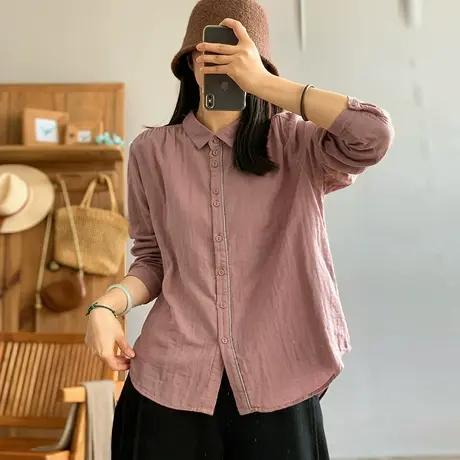 dza 复古纯色全棉polo领衬衣女春新款宽松大版休闲衬衫百搭短上衣商品大图