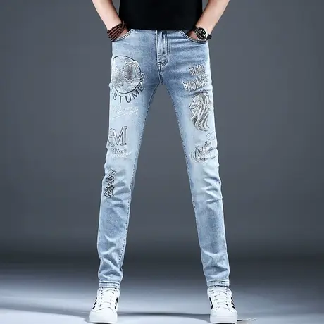 2024新款高档潮牌牛仔裤男款小脚花裤子潮流男士休闲长裤修身弹力商品大图