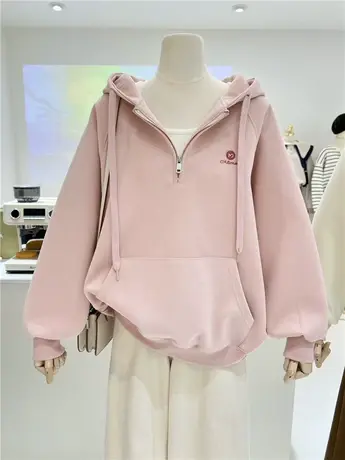 半开拉链慵懒oversize简约韩系刺绣宽松连帽卫衣女外套休闲帽衫商品大图