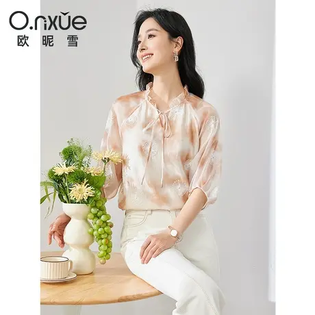 欧昵雪2024夏季新款雪纺衫女五分袖花边立领印花仿真丝小衫上衣商品大图