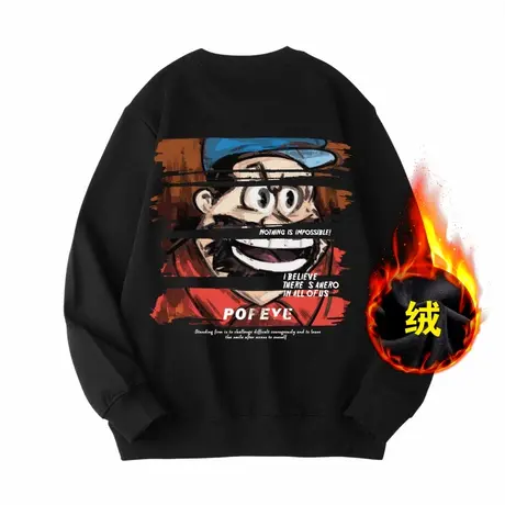 Ohlyah卡通蓝帽大胡子先生印花黑色美式卫衣男款圆领秋冬加绒外套图片