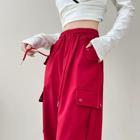 酒红色工装裤女春装2024年新款高腰显瘦休闲束脚哈伦灯笼运动裤子图片
