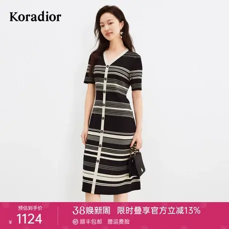 珂莱蒂尔女装2024夏季新款通勤百搭条纹针织v领短袖中长款连衣裙图片