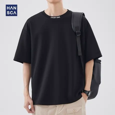 hansca 高街圆领短袖T恤男夏季新款美式潮牌字母水洗宽松休闲上衣商品大图