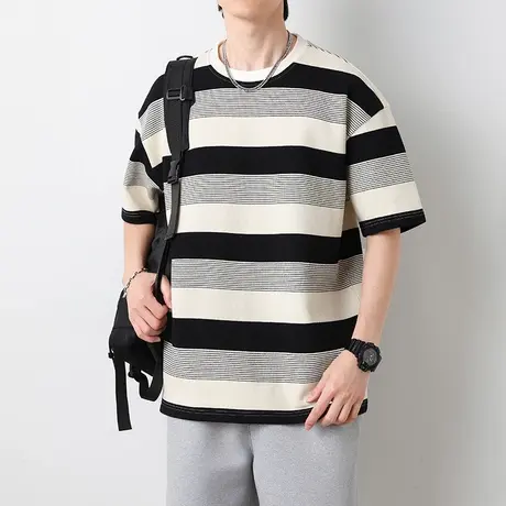2023夏季男士短袖t恤宽松半袖潮流条纹休闲半袖体恤男百搭上衣服图片
