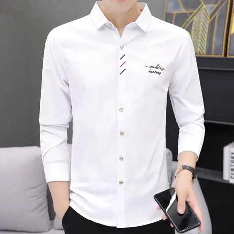 春秋季新款刺绣白衬衫男士长袖韩版修身休闲衬衣潮流帅气寸衫衣服商品大图