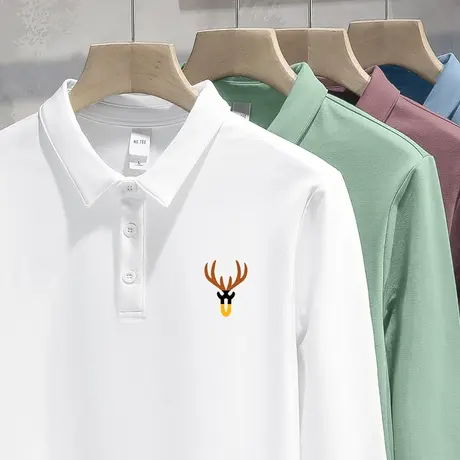 翻领t恤男士长袖白色polo衫保罗有领商务潮流鹿头带领打底衫秋衣商品大图