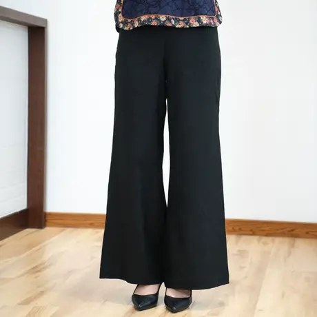 筠雅配唐装的裤子休闲时尚阔腿裤直筒裤黑色百搭棉麻中国风女装图片