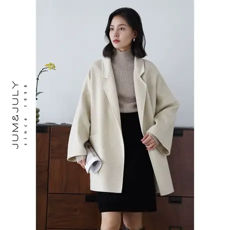 嘉茱莉2023年秋冬新款毛呢外套女小个子宽松羊毛双面呢大衣赫本风商品大图