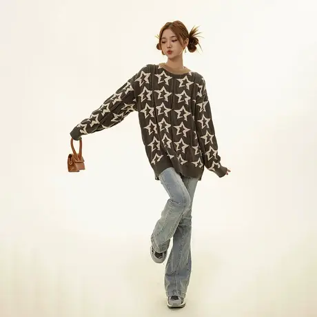 设计感拼色慵懒风毛衣女2023新款秋冬宽松oversize复古潮牌针织衫商品大图