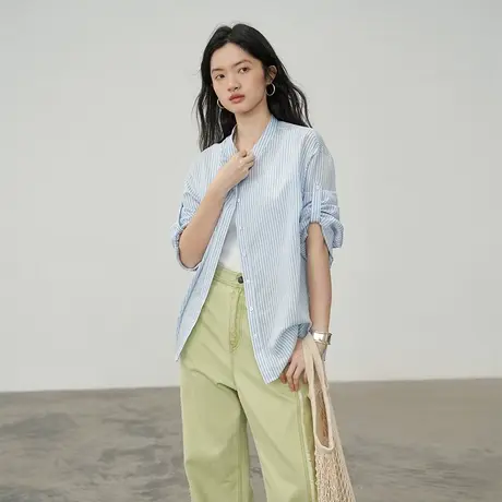 omont蛋挞家 薄款防晒衬衫女夏季宽松条纹开衫简约衬衣长袖上衣服图片