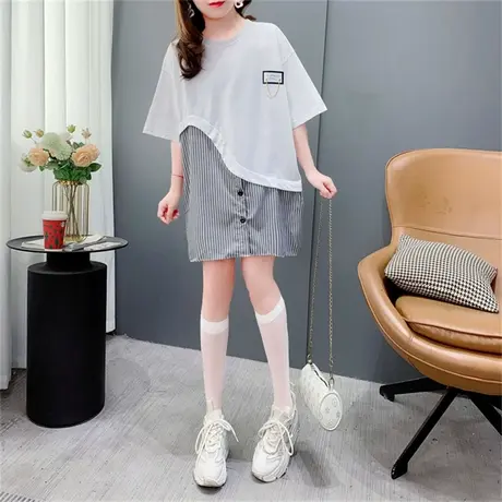 设计感衬衣拼接短袖T恤女中长款2023新款夏季宽松显瘦百搭上衣ins图片