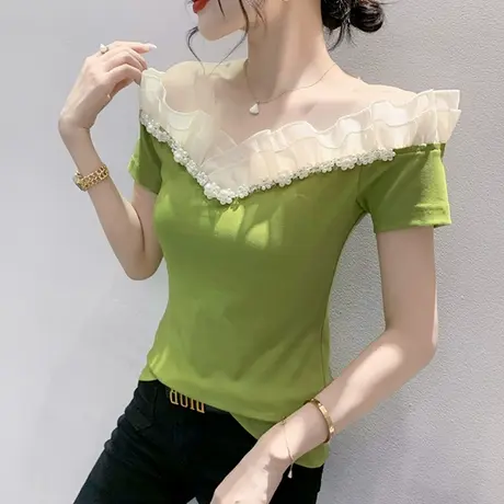 网纱拼接木耳边短袖T恤女士夏装新款性感一字领露肩上衣气质小衫商品大图