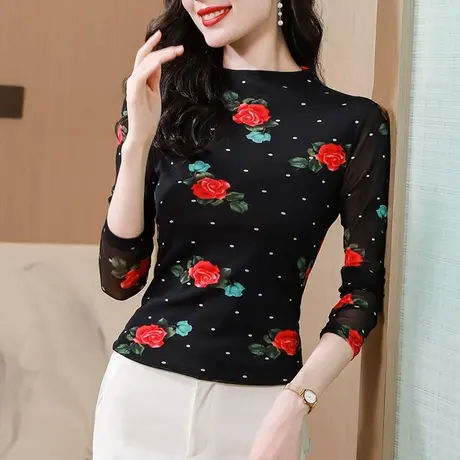 复古印花雪纺衫女长袖2023秋装新款气质妈妈上衣内搭半高领打底衫商品大图