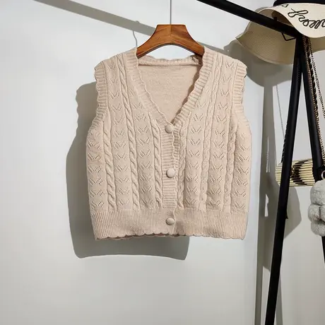 针织马甲背心女外穿春秋新款韩版v领学院风无袖坎肩毛衣开衫外套商品大图