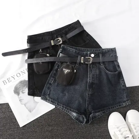 配腰包韩版牛仔短裤女2022春夏新款高腰显瘦百搭阔腿a字全棉短裤商品大图