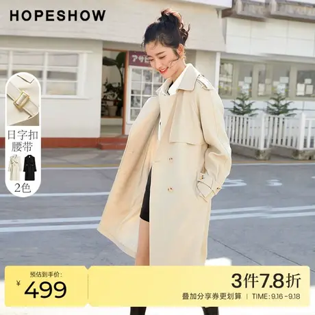 红袖outlets炸街翻领中长风衣hopeshow2022春季新款插肩袖长外套商品大图