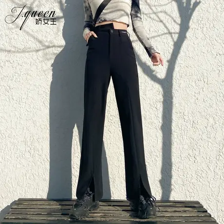 黑色阔腿裤女2023春夏新款高腰垂坠感西装裤宽松显瘦开叉微喇裤子商品大图