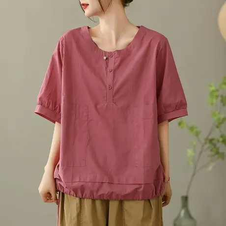 dza复古双口袋全棉T恤女2023夏薄款纯色打底体恤休闲宽松套头上衣商品大图