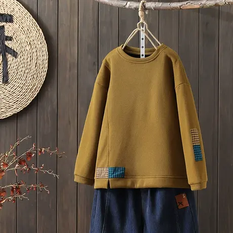 枫谜2022年冬季新款文艺复古加绒加厚贴布短款圆领简约百搭卫衣图片