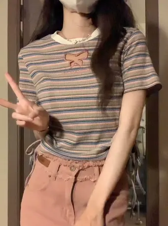 条纹纯棉短袖t恤女夏设计感小众港味chic短款修身显瘦辣妹上衣服商品大图