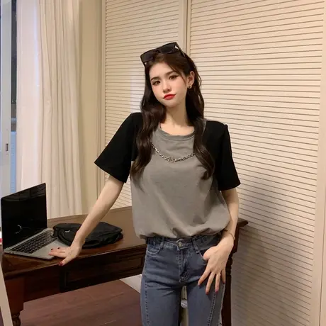 法式短袖正肩上衣纯色针织T恤女2023夏装新款链条拼接修身打底衫商品大图