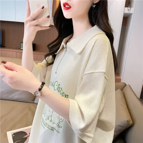 华夫格短袖t恤女夏韩版宽松大码设计感小众中长款翻领polo衫上衣图片