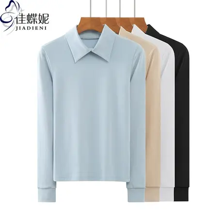 早春新款韩版翻领修身纯色纯棉长袖体恤上衣内搭女打底衫POLO衫商品大图
