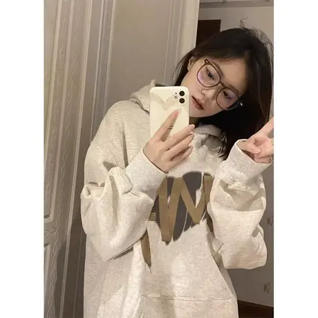 oversize美式连帽卫衣女春秋薄款2023新款爆款设计感宽松上衣外套图片