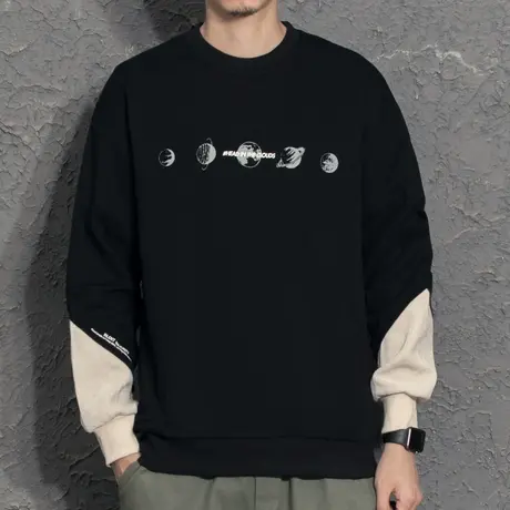 设计师立体裁剪灯芯绒拼接月球印花圆领卫衣男宽松假两件外套图片