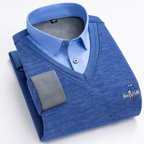 爸爸毛衣加绒加厚假两件衬衫领秋冬季中年人男士针织保暖打底上衣商品大图