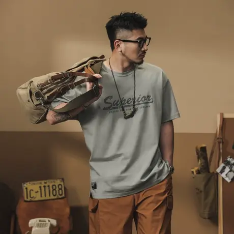 简约休闲夏季t恤宽松潮流港风印花圆领时尚百搭男士纯棉T恤复古商品大图